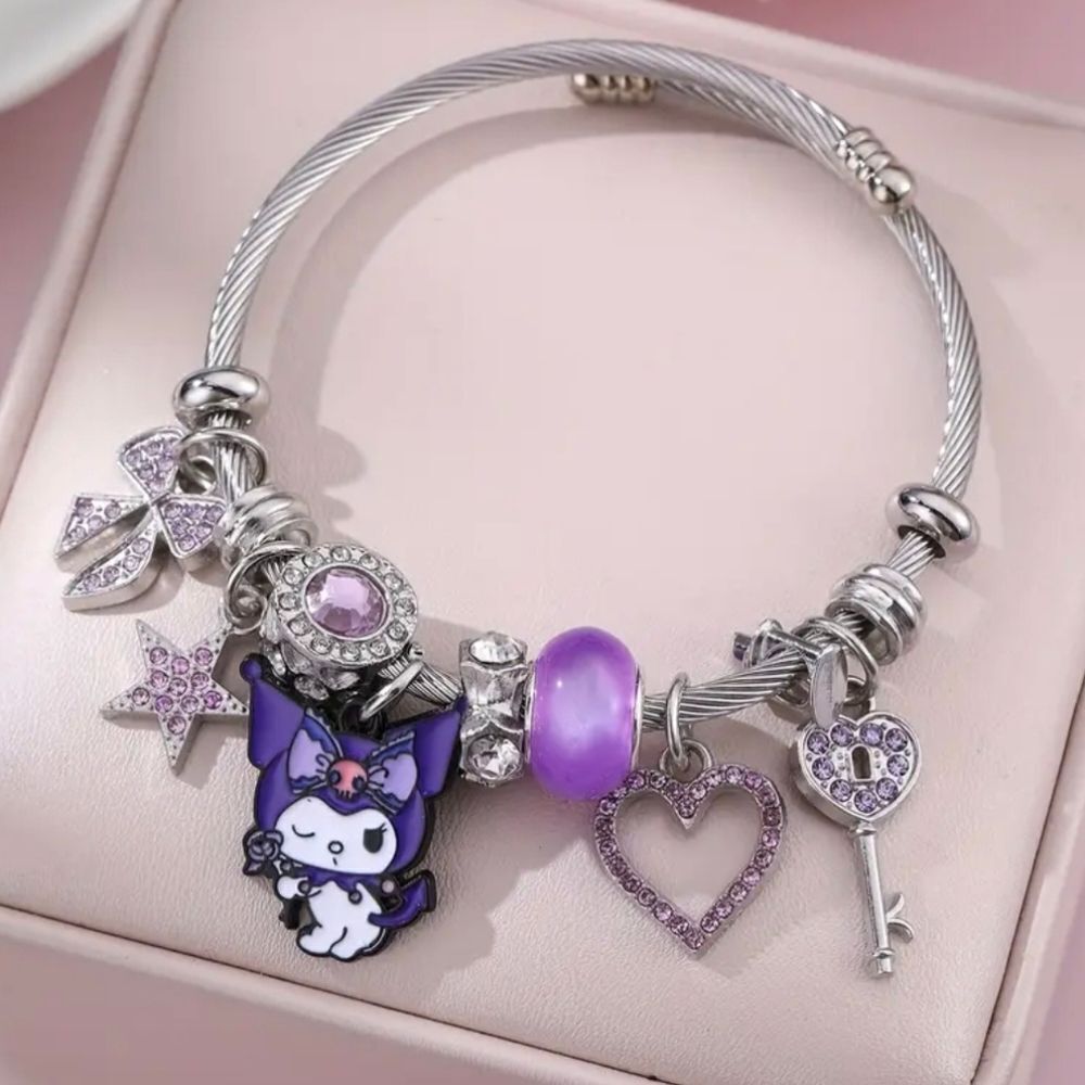 Sanrio Hello Kitty KUROMI Charm Pendant Silver & Purple Tone Bangle Bracelet